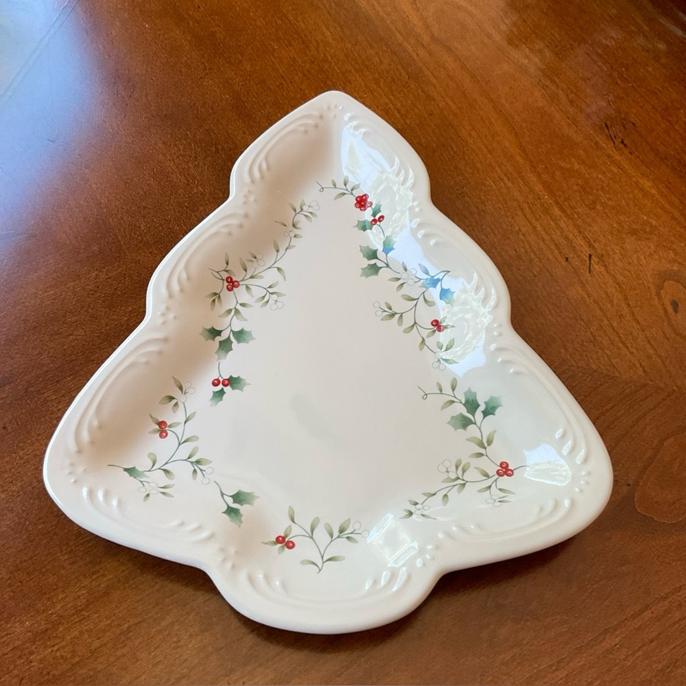Winterberry Holly Ceramic Serving Tree Platter - White Green & Red Accents